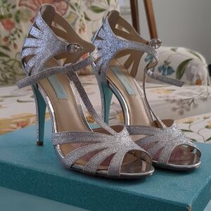 Betsey Johnson Silver Glitter T-Strap Stiletto Heels